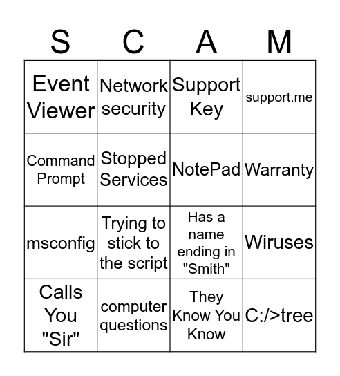 Scammer Bingo Card