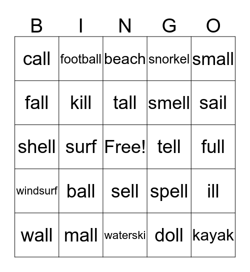 Word with "all" and Unit 4 words Bingo Card