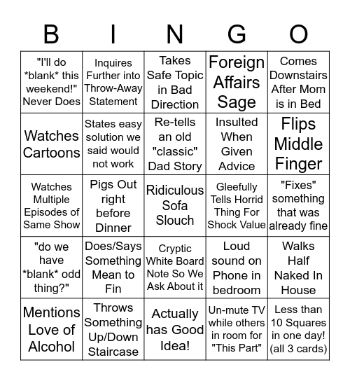 Weekend with Dad Bingo: Card #3 Bingo Card