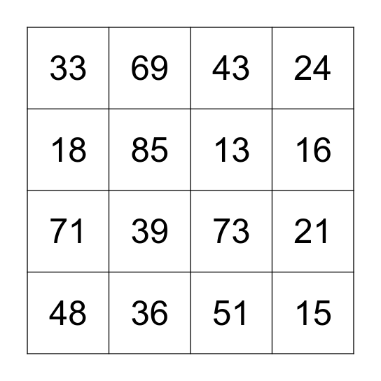 Números Bingo Card