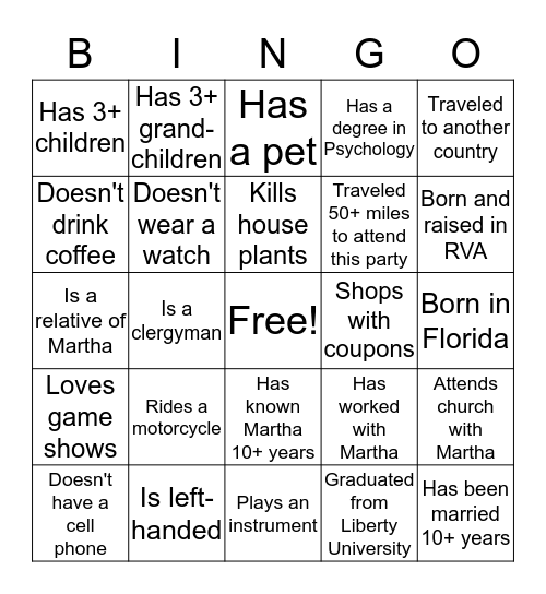 Martha's Graduation Celebration Icebreaker Bingo Card