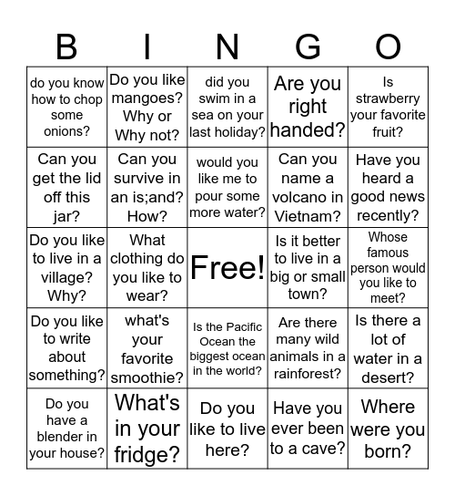 Question and Answer Bingo Card