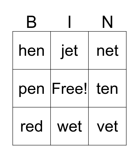 Short "e" Bingo Card