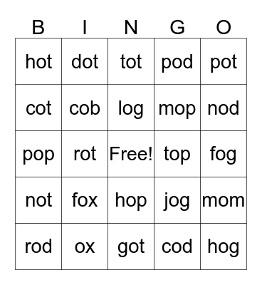 Short "o" Bingo Card