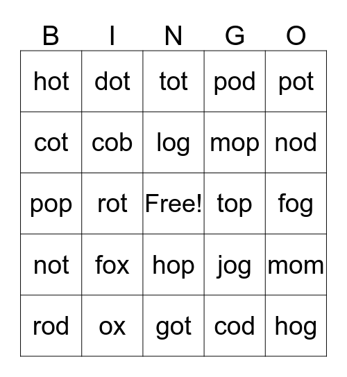 Short "o" Bingo Card