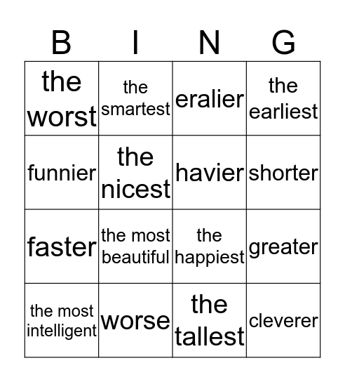 Adjectives Bingo Card