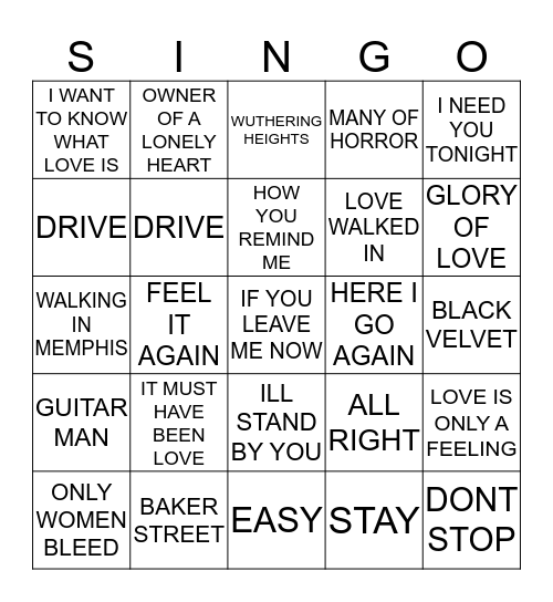 224 ROCK BALLADS #1 Bingo Card