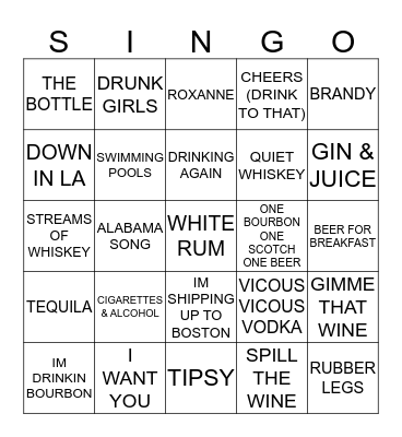 225 DRINKING SONGS Bingo Card
