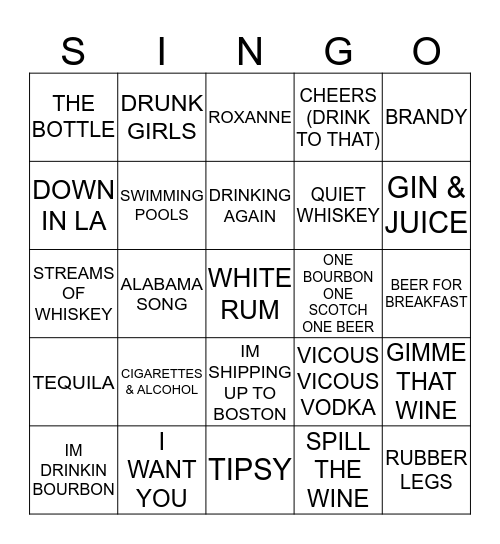 225 DRINKING SONGS Bingo Card