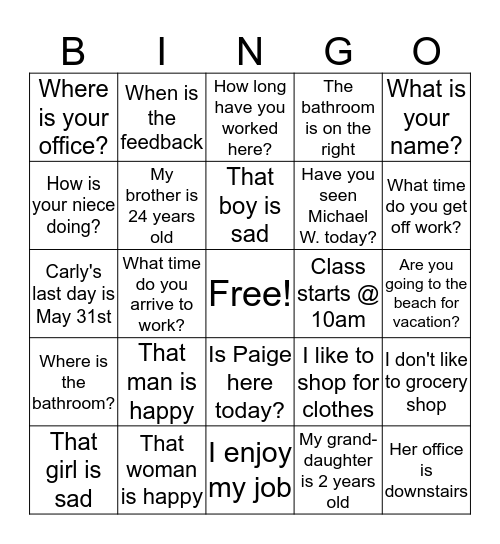 Beginner/ Intermediate class 5/15 Bingo Card