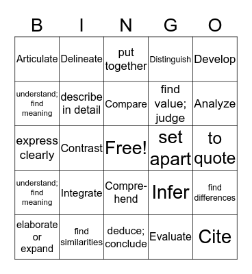 PARCC Verbs Vocab Bingo Card