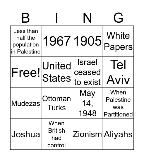 Israel Bingo Card