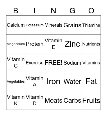 Vitamins & Minerals Bingo Card