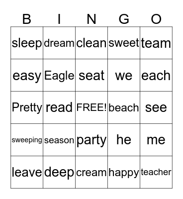 Long "e" Bingo Card
