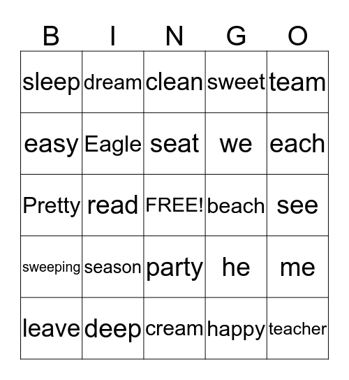 Long "e" Bingo Card