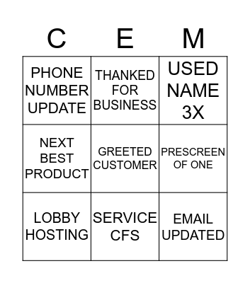 CEM BINGO Card