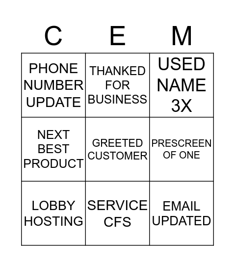 CEM BINGO Card