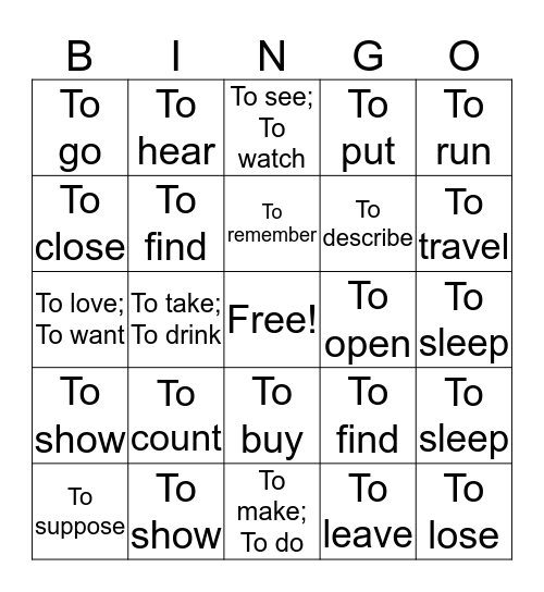 Verbs Bingo Card