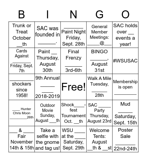 SAC Scavenger BINGO Card