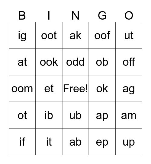 VC syllables, Box 1 Book 3 Bingo Card