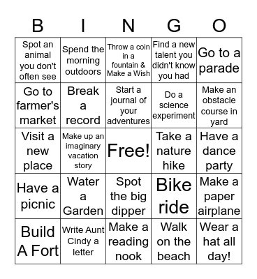 Summer Activities Bingo Card