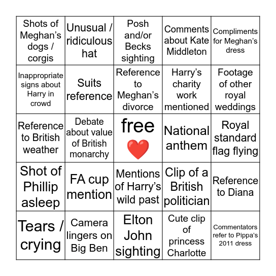 Rachel’s Royal Wedding Bingo Card