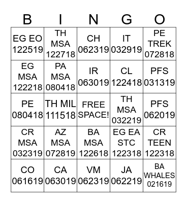 SUMMER 2018 TFA Bingo Card