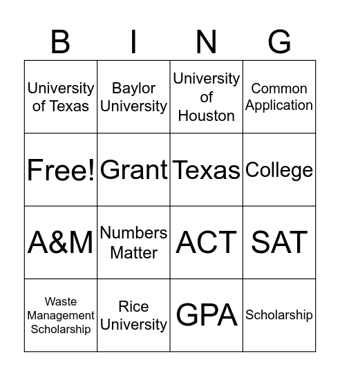 Numbers Matter Bingo Card