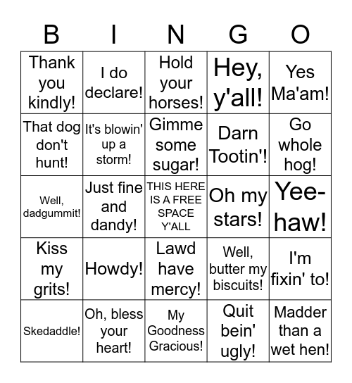 Southern Lingo Bingo Card