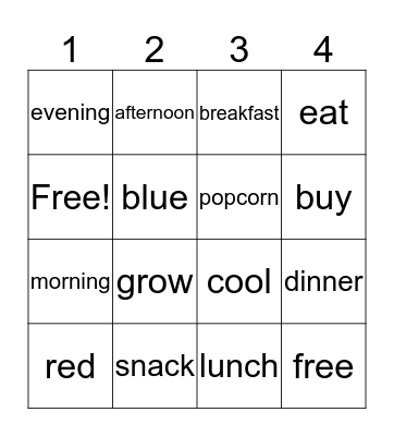 Meals of the Day Bingo Card