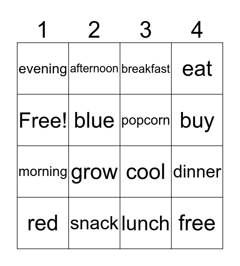 Meals of the Day Bingo Card