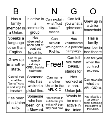Union Bingo! Bingo Card