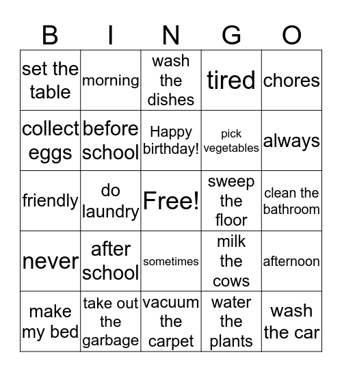 Chapter 6 Bingo  Bingo Card