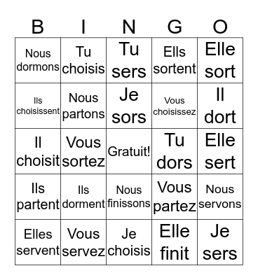 IR Verbs Bingo Card