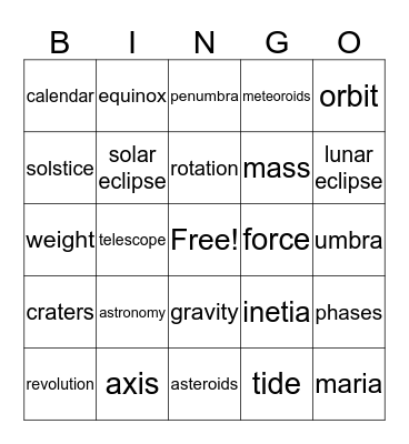 Earth Moon Sun Bingo Card