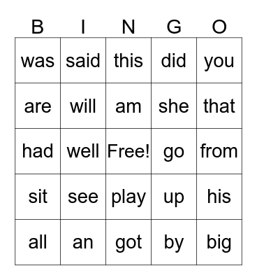 sight words Bingo Card