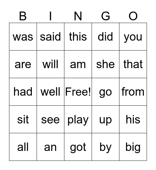 sight words Bingo Card