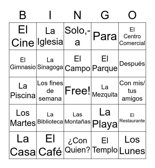 4A Vocabulary Bingo Card