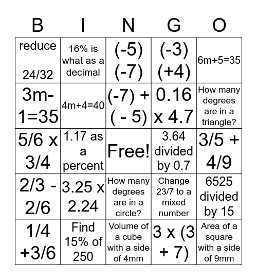 Mr. G               Math Bingo Card