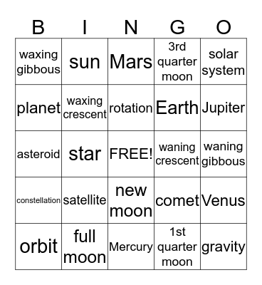 Moon and Solar System Bingo Card