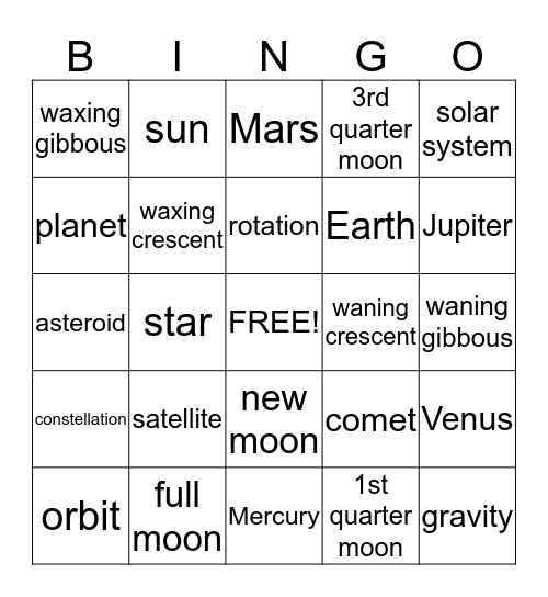 Moon and Solar System Bingo Card