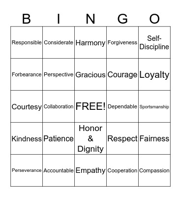 Character Counts Bingo Card