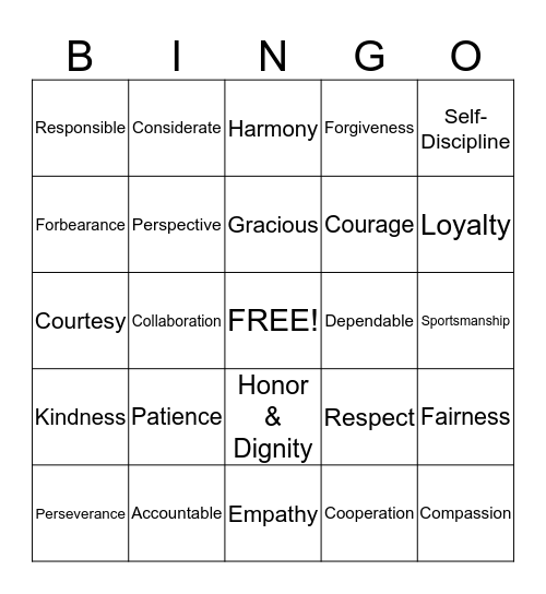 Character Counts Bingo Card