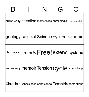 Vocabulary Bingo Card