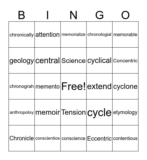 Vocabulary Bingo Card