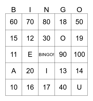 NUMBERS Bingo Card