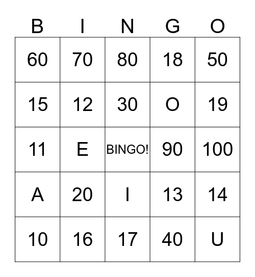 NUMBERS Bingo Card