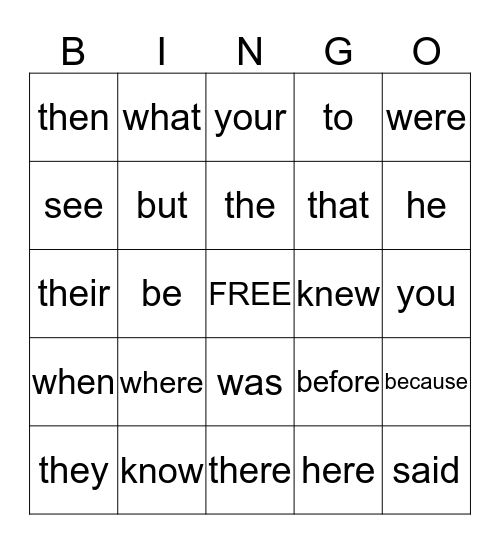 Every day words Bingo Card