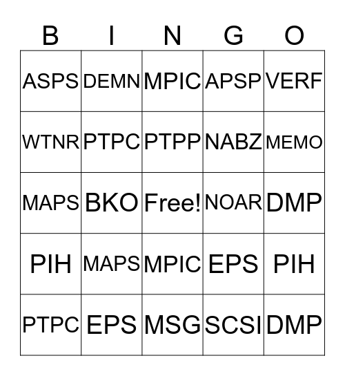 Action Code BINGO Card