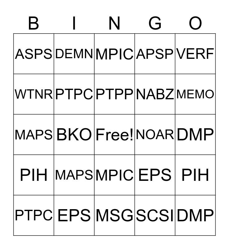 Action Code BINGO Card